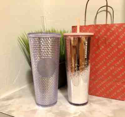 Starbucks Rose Gold Cascading Snow & Platinum Studded Cold Cup Tumbler Holiday - Sold on eBay Nov, 15th 2019 for $43.00