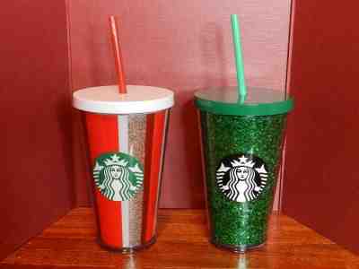 TWO NEW STARBUCKS  24oz  Straw Plastic Cups: Green Glitter & Red Strip Glitter - Sold on eBay Nov, 19th 2019 for $15.99