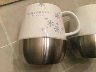Starbucks Holiday 2007 Coffee Mug Cups.TwoWhite  Blue Snowflakes Stainless Steel - Sold on eBay Nov, 19th 2019 for $21.95