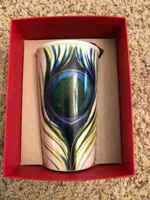 NEW Starbucks Coffee Peacock Feather Traveler Tumbler Mug 2015 Dot Collection - Sold on eBay Nov, 19th 2019 for $28.99