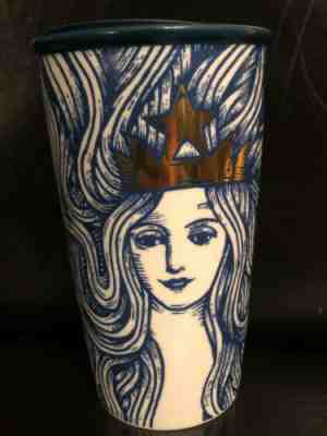 Starbucks 2016 Anniversary Blue Siren Mermaid 12oz Ceramic Tumbler with lid - Sold on eBay Nov, 19th 2019 for $34.99