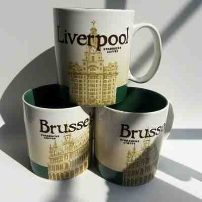 3 Original Starbucks City Mugs 16 oz, 2 x BRUSSELS & LIVERPOOL, Series 2015-2016