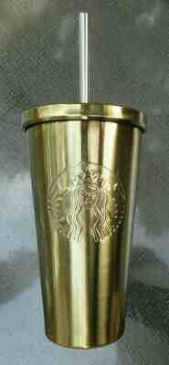 STARBUCKS GOLD STAINLESS COLD CUP TUMBLER EMBOSSED MERMAID SIREN STRAW TAG 16  - Sold on eBay Nov, 18th 2019 for $19.99