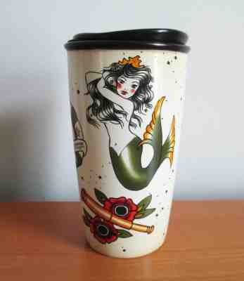 Starbucks Travel Mug Mermaid Sailor Tattoo 12oz Double Wall Lid Rose Anchor 2015
