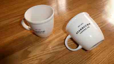 STARBUCKS Coffee 30th Anniversary 6 oz Mini Abbey 2001 Espresso White Mug Cups 2 - Sold on eBay Nov, 18th 2019 for $18.99
