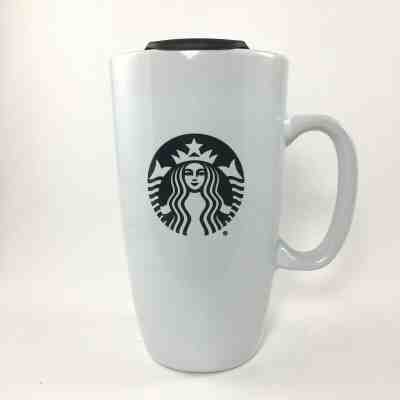 Starbucks Ceramic Travel Mug with Lid White Black Siren Mermaid Logo 16 oz EUC - Sold on eBay Nov, 18th 2019 for $19.99