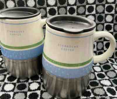 STARBUCKS COFFEE 2005 Urban Desk 14oz Mug Blue Green Ceramic & Stainless w/Lid - Sold on eBay Nov, 18th 2019 for $38.00