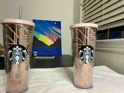 Starbucks Venti Cold Cup Tumbler Rose Gold Pink 24 oz Lid Straw Geometric Lines - Sold on eBay Nov, 18th 2019 for $24.99