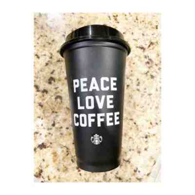 Starbucks Peace Love Coffee Black 16oz Cup Reusable Travel Plastic RARE - Sold on eBay Nov, 18th 2019 for $19.00