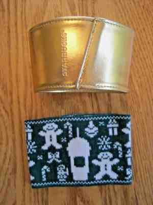 2 Starbucks Reusable Cup Sleeves Gold Holiday & Ugly Sweater Knit Holiday EXC  - Sold on eBay Nov, 17th 2019 for $16.99