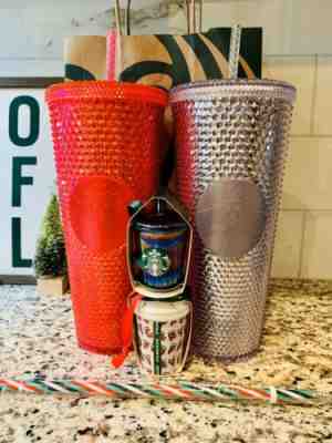 Starbucks 2019 Holiday Venti *PLATINUM & *PINK Studded Tumblers & *TWO Ornaments - Sold on eBay Nov, 17th 2019 for $50.00