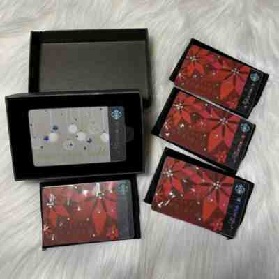 Taiwan Starbucks SWAROVSKI Crystal Christmas 5 Cards 2014 2016 W/ Sleeves & Box