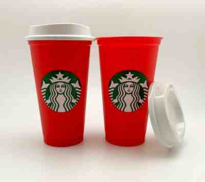 NEW 2 Cups Starbucks 2018 RED HOLIDAY Christmas Reusable Plastic 16oz TO GO - Sold on eBay Nov, 17th 2019 for $18.90