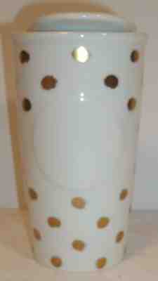 Starbucks ceramic travel tumbler & lid, 2014 white mug with gold dots, 10 oz cup - Sold on eBay Nov, 17th 2019 for $23.90