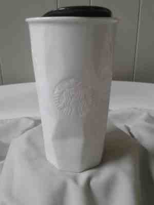 Starbucks White Ceramic Travel Tumbler W Black Lid 10 Oz Faceted Insulated 2013 - Sold on eBay Nov, 17th 2019 for $22.00