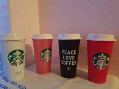 New Lot of 4 White Black Pink Red Holiday 2018 Starbucks Reusable 16 oz Cups  - Sold on eBay Nov, 17th 2019 for $24.99