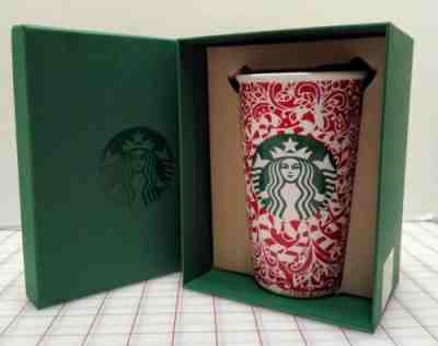 NIB 2016 STARBUCKS Christmas Candy Canes Red Ceramic Tumbler/Mug-12 oz. with Lid - Sold on eBay Nov, 16th 2019 for $16.99