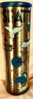 NEW Starbucks Stainless Steel SEATTLE Tumbler Blue Icons Flip-Top Lid 16oz NWT - Sold on eBay Nov, 16th 2019 for $29.00