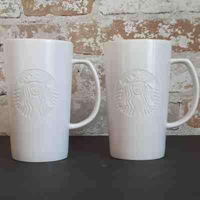 Set of 2 Starbucks Embossed Matte White 16 oz Siren Mugs "G" on Handle 2015 Cups - Sold on eBay Nov, 16th 2019 for $44.95