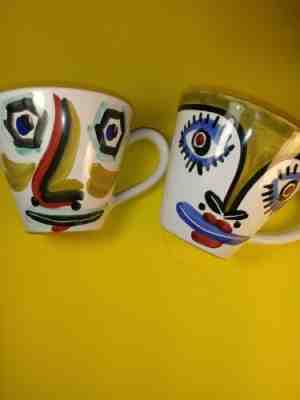 2 STARBUCKS COFFEE CO SBERNA DERUTA ITALY HANDPAINTED ABSTRACT FACE MUGS 12 OZ - Sold on eBay Nov, 16th 2019 for $23.00