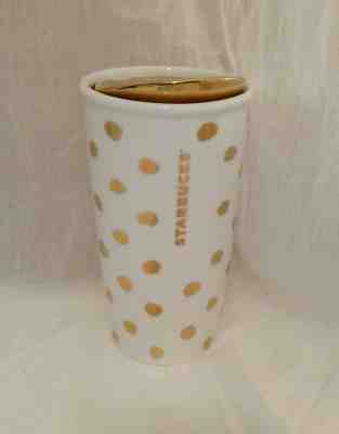 Starbucks Coffee 2014 Gold Paint Polka Dot Ceramic Travel Tumbler Gold Lid - Sold on eBay Nov, 14th 2019 for $16.95