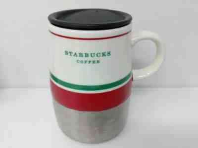 STARBUCKS TRAVEL MUG Red Green White STAINLESS CERAMIC RUBBER 2006 14 oz - Sold on eBay Nov, 19th 2019 for $19.88