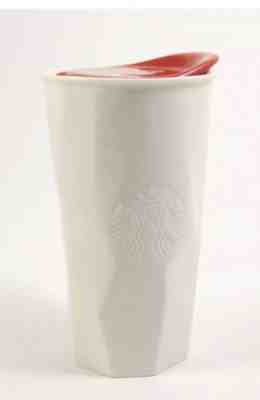 Starbucks Geometric Faceted White Ceramic Travel Tumbler Red Lid Mug 10 oz 2013 - Sold on eBay Nov, 18th 2019 for $16.93