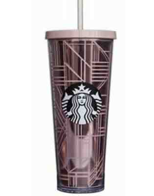 Starbucks Venti Cold Cup Tumbler Rose Gold Pink 24 oz Lid Straw Geometric- USED - Sold on eBay Nov, 19th 2019 for $17.00