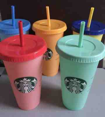 NIB Starbucks Color Changing Reusable Cold Cup Set of 5 w Lids & Straws -No Card - Sold on eBay Nov, 19th 2019 for $60.99