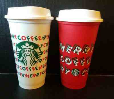 Starbucks Set of 2 Christmas 2019 "Merry Coffee" Red & White Hot Reusable Cups  - Sold on eBay Nov, 20th 2019 for $17.00