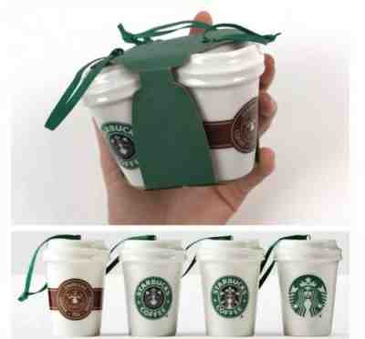 NEW Starbucks 2016 Set Of 4 Ceramic Coffee Cup Siren Logo Christmas Ornaments - Sold on eBay Nov, 20th 2019 for $22.50