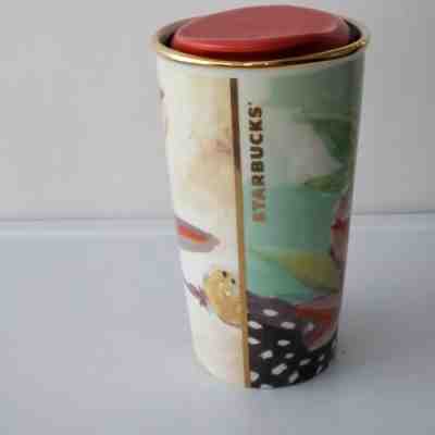 STARBUCKS Ceramic Travel Mug 2014 Watercolor Floral Tumbler 10 0z Gold Trim Cup - Sold on eBay Nov, 20th 2019 for $25.00