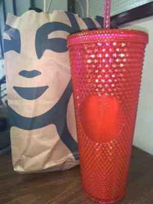 STARBUCKS 2019 Neon Pink Studded Cold Cup Tumbler WINTER HOLIDAY 24 oz - Sold on eBay Nov, 21st 2019 for $20.00