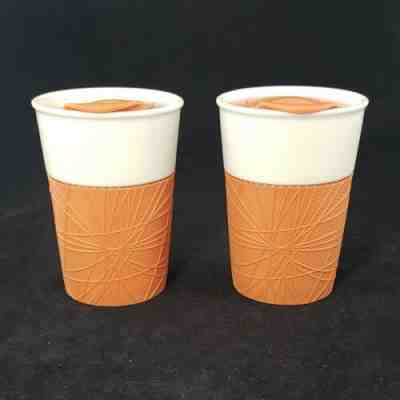 2 Starbucks Coffee 2013 White Orange Geometric Rubber Grip Tumbler Travel & Lids - Sold on eBay Nov, 21st 2019 for $59.95