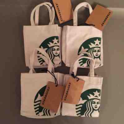 Lot of 4 NWT Starbucks White Mini Canvas Tote Bag, Gift Card Holder - Sold on eBay Nov, 21st 2019 for $29.95