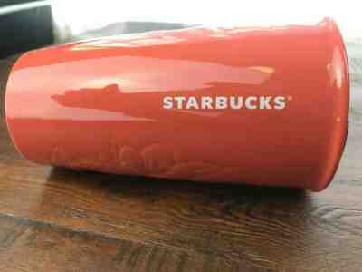 Starbucks Ceramic Tumbler Cup, Travel Mug.  With Lid.  Orange, Embossed.  Floral - Sold on eBay Nov, 22nd 2019 for $40.41