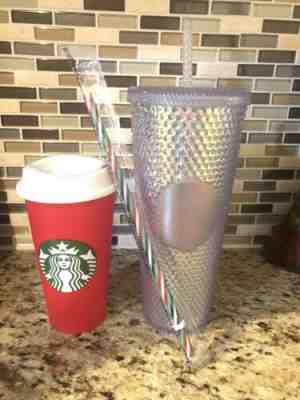 STARBUCKS 2018 HOLO STUDDED IRIDESCENT TUMBLER & Reusable Red Cup + Straw - New - Sold on eBay Nov, 21st 2019 for $107.50
