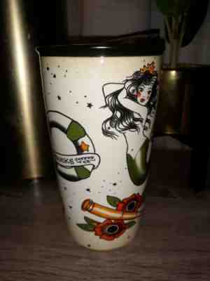 Starbucks 2015 Tattoo Mermaid Siren Sailor Ceramic Travel Mug Cup Tumbler 12 OZ - Sold on eBay Nov, 21st 2019 for $49.00