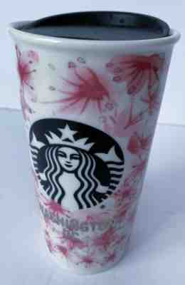 Pre Owned Starbucks Washington DC Ceramic Travel Tumbler Mug w/Lid Pink Blossoms
