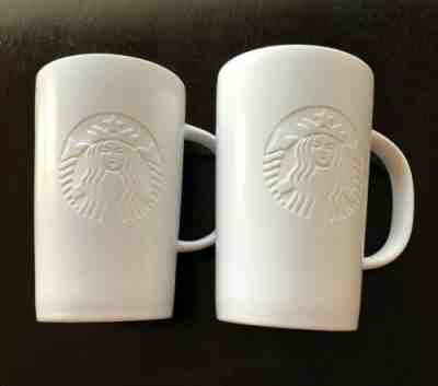 Starbucks 2 Ceramic 12Oz Coffee Mugs 2014 White On White Embossed Siren Logo - Sold on eBay Nov, 23rd 2019 for $35.00