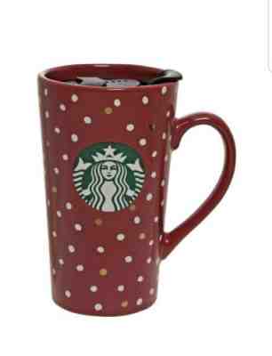 Starbucks Red Ceramic Mug Tumbler Polka Dot White Gold Travel Mug 14 fl OZ - Sold on eBay Nov, 22nd 2019 for $17.99