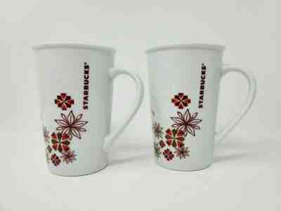 2 Tall Starbucks Holiday Coffee Mug 12 oz. Snowflakes Poinsettias Red Gold 2013  - Sold on eBay Nov, 22nd 2019 for $17.99