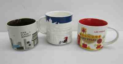 3x Lot Starbucks You Are Here & Relief City Mugs - Beijing Las Vegas Pike Place - Sold on eBay Nov, 22nd 2019 for $15.00