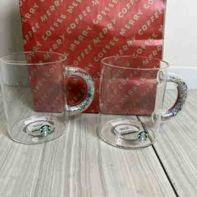 2 Starbucks Glitter Handle Coffee Mug Cup 2019 Holiday Clear Sparkle - Sold on eBay Nov, 24th 2019 for $55.99