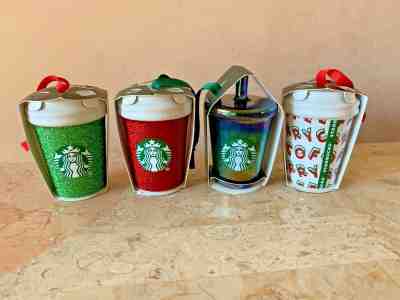STARBUCKS 2019 Christmas / Holiday - SET OF 4 GLITTER / CERAMIC ORNAMENTS - MIP - Sold on eBay Nov, 24th 2019 for $48.99
