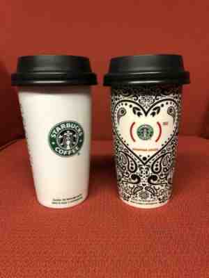 2 Starbucks Ceramic Travel Tumblers Mug 1-Jonathon Adler Red Heart Paisley 16oz - Sold on eBay Nov, 24th 2019 for $22.00