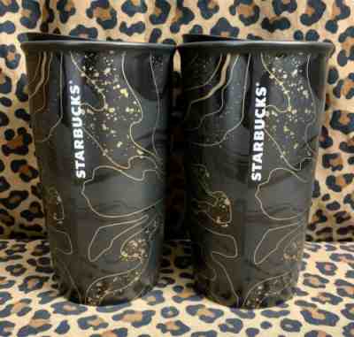 2 Starbucks Black Gold Holiday Ceramic Double Wall Mug Grande 12oz Tumbler 2018 - Sold on eBay Nov, 24th 2019 for $35.00