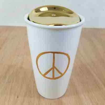 Starbucks Gold Peace Sign Travel Mug Ceramic Tall Cup 12 oz 2015 White - Sold on eBay Nov, 24th 2019 for $29.99