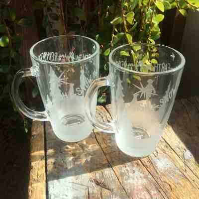 SET of 2 Starbucks 2009 Christmas Etched Clear Glass Mugs "Wish for Snow" 12 oz  - Sold on eBay Nov, 24th 2019 for $19.99