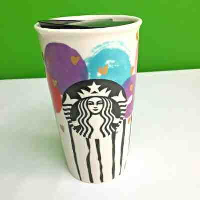 New Old Stock Starbuck's 2016 Hearts Balloons Ceramic Travel Tumbler Mug Lid - Sold on eBay Nov, 24th 2019 for $16.87